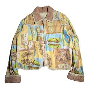 Vtg Y2K Handmade Blue Beige Beach Flip Flop Themed Corduroy Trim Cotton Jacket L